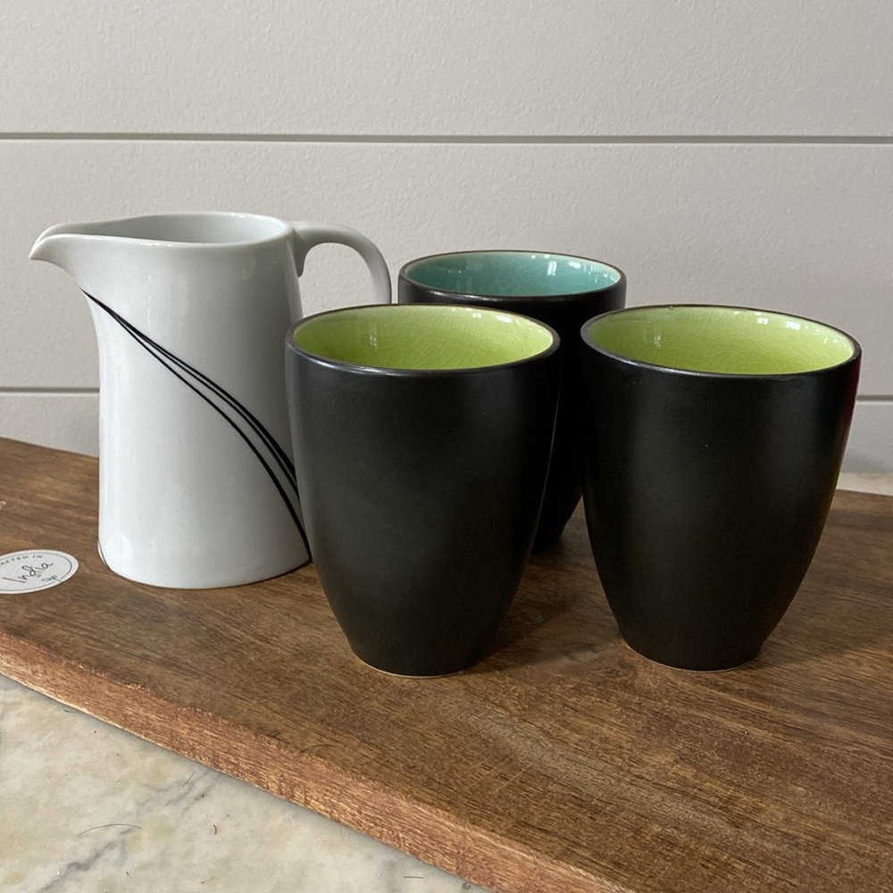 Block Spal Creamer/Pitcher 4.5 inch and Three Black Handless Cups